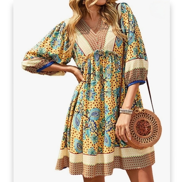 Boho Baybydoll Border Print Dress S - Picture 1 of 10